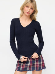 Cable Knit V-neck Long Sleeve Top