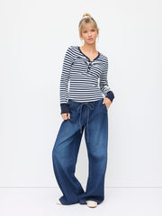 Cotton-blend Jacquard V-Neck Striped Ruched Tee
