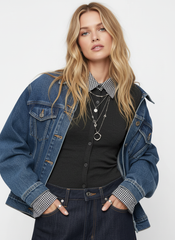 Cotton Plaid Polo Collar Ruched Two Tone Top