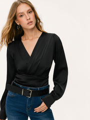 V-neck Solid Long Sleeve Ruched Bodysuit