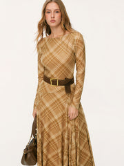 Mesh Boat Neck Plaid Asymmetrical Flared Maxi Dress