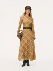 Mesh Boat Neck Plaid Asymmetrical Flared Maxi Dress