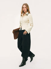 Corduroy Polo Bell Sleeve Contrasting Binding Blouse