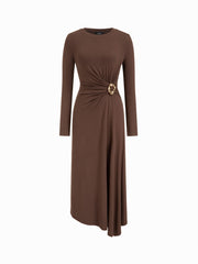 Round Neck Solid Straight Maxi Dress With Metal Detail