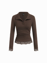 Collar Long Sleeve Contrasting Lace Ruched Top