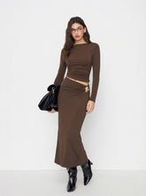 Boat Neck Ruched Top & Mid Rise Metal Detail Maxi Skirt Set