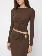 Boat Neck Ruched Top & Mid Rise Metal Detail Maxi Skirt Set