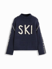 SKI Knit Round Neckline Long Sleeve Contrasting Binding Oversized Top