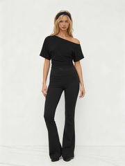 Asymmetrical Neck Ruched Top & Mid Rise Flared Trousers Set