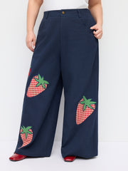 100% Cotton Mid Rise Strawberry Appliques Wide Leg Trousers Curve & Plus