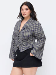 100% Cotton Plaid Collar Bell Sleeve Ruched Cinched Waist Blouse Curve & Plus