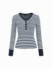Cotton-blend Jacquard V-Neck Striped Ruched Tee