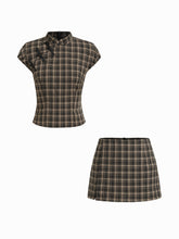 Mandarin Collar Plaid Top & Mid Rise Zipper Mini Skort Set