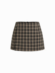 Mandarin Collar Plaid Top & Mid Rise Zipper Mini Skort Set