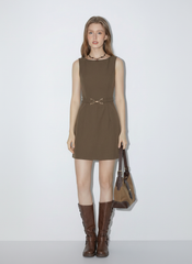 Boat Neck Metal Detail Zipper Mini Dress With Belt