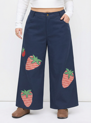 100% Cotton Mid Rise Strawberry Appliques Wide Leg Trousers Curve & Plus