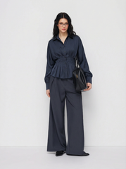 Satin Collar Ruffled Cinched Waist Lantern Sleeve Shirt