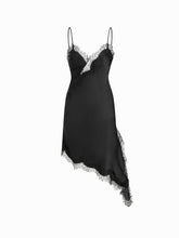 Satin V-neck Lace Trim Asymmetric Hem Midi Dress