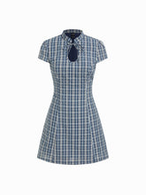 Cotton-blend Mandarin Collar Tartan Cut Out Bowknot Puff Sleeve Mini Dress