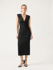 Jersey V-Neck Ruched Split Maxi Dress