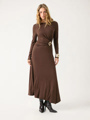 Round Neck Solid Straight Maxi Dress With Metal Detail