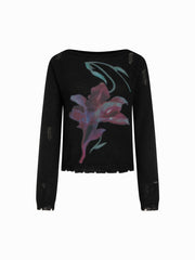 Knit Floral Graphic Boat Neck Long Sleeve Ripped Top