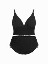 V-neck Tartan Shirred Triangle Drawstring Bikini Set Curve & Plus