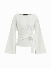 Boat Neck Stripe Knotted Bell Sleeve Blouse