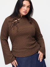 Mandarin Collar Textured Polka Dot Tie Front Ruched Top Curve & Plus