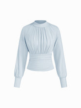 High Neck Long Sleeve Ruched Cinched Waist Blouse