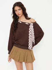 Terry Asymmetrical Neck Crop Oversized Sweatshirt With Polka Dot Knotted