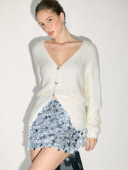 Wool-blend Knit Rhinestone Metal Button V-Neck Cardigan