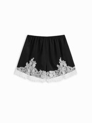 Satin Mid Rise Solid Elastic Waist Floral Lace Shorts