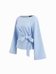 Boat Neck Stripe Knotted Bell Sleeve Blouse