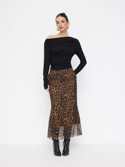 Mid Rise Leopard Drawstring Ruched Mermaid Midi Skirt