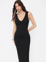 V-neck Solid Straight Maxi Dress