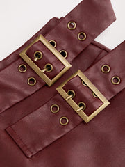 Faux Leather Mid Rise Belted A-line Mini Skort
