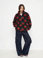 Fleece High Neck Strawberry Pocket Drawstring Oversized Jacket