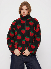 Fleece High Neck Strawberry Pocket Drawstring Oversized Jacket