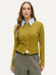 Knit Collar Gingham Colorblock Button Cardigan