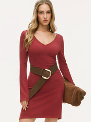 Thermal Cotton-blend V-neck Ruched Waist Mini Dress