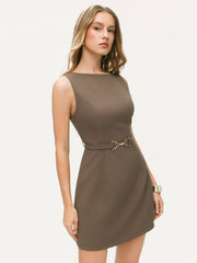 Boat Neck Metal Detail Zipper Mini Dress With Belt