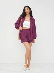 3 Pieces Polo Neck Lantern Sleeve Shirt & Cami Crop Top & Lettuce Trim Layered Shorts Set