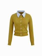Knit Collar Gingham Colorblock Button Cardigan