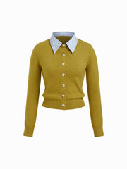 Knit Collar Gingham Colorblock Button Cardigan