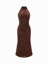 Velvet Halter Neckline Floral Ruched Midi Dress