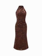 Velvet Halter Neckline Floral Ruched Midi Dress