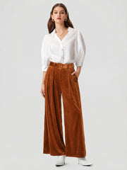 Velvet Mid Waist Pocket Wide Leg Trousers With Belt