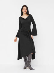 Cowl Neck Bell Sleeve O-Ring Ruched Ruffle Hem Midi Dress