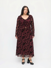 Mesh V-neck Floral Ruffle Hem Knotted Top & Mid Rise Maxi Skirt Set Curve & Plus